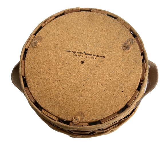 PYREX Corning Casserole Woven Carrier Leather Handles Wood Bottom 10” Dia Basket - Picture 8 of 9